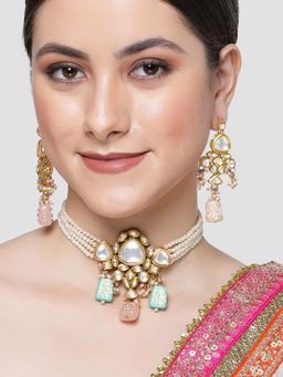 Karatcart - Pink and Light Blue Tumble Studded Polki Kundan Choker Necklace Set for Women
