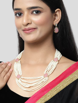 Karatcart - Pink Carved Stone Studded Pearl Beaded Rani Haar Necklace Set for Women