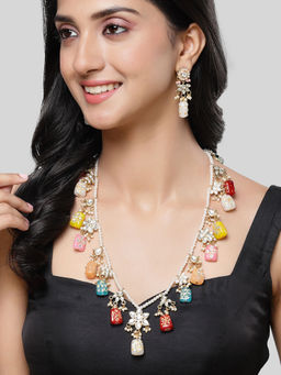 Karatcart - Multicolor Tumble Stone Studded Navratan Rani Haar Necklace Set for Women
