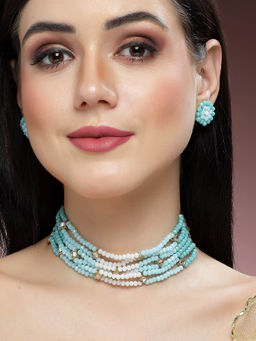 Karatcart - Aqua and White Crystals Beaded Kundan Choker Necklace Set for Women