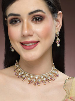 Karatcart - Gold Plated Pink and Purple Crystal Kundan Necklace Set for Women