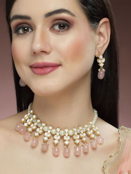 Karatcart - Gold Plated Pink Tumble and Pearl Studded Kundan Necklace Set