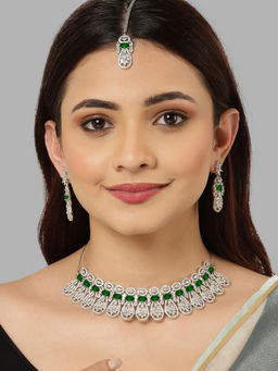 Karatcart - Silver Tone Green Ad Studded Necklace Set