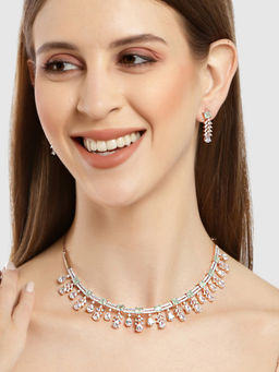Karatcart - Rose Gold Plated White and Lime Green Cubic Zirconia Studded Necklace Set for Women