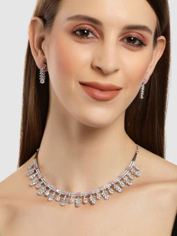 Karatcart - Silver Tone Pink Cubic Zirconia Studded Leaf Shape Necklace Set for Women