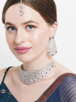Karatcart - Silver Plated Red Cz Stone Studded Choker Necklace Set for Women