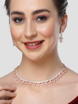 Karatcart - Rose Gold Plated Pink Cubic Zirconia Studded Floral Design Necklace Set for Women
