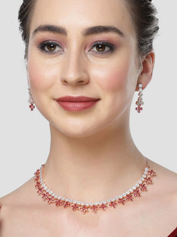 Karatcart - Rose Gold Plated Red Cubic Zirconia Studded Floral Design Necklace Set for Women