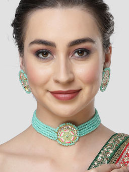 Karatcart - Light Green Meena Lotus Design Crystal Choker Necklace Set for Women