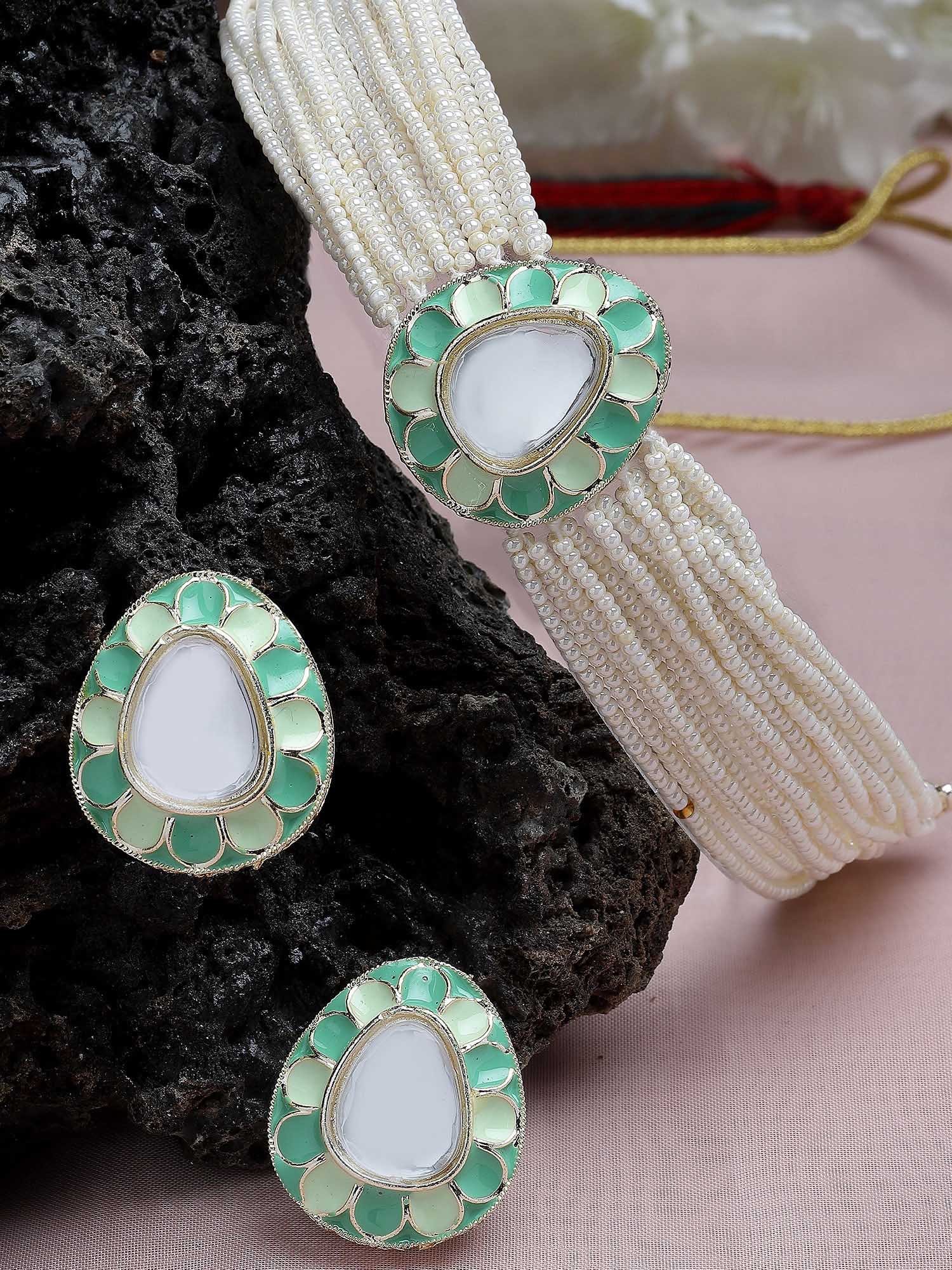 Buy Karatcart Green Meena Drop Shape White Moti Choker Necklace