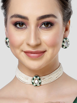Karatcart - Green Meena Drop Shape White Moti Choker Necklace Set for Women