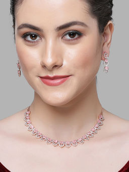 Karatcart - Rose Gold Plated Pink Cubic Zirconia Necklace Set for Women