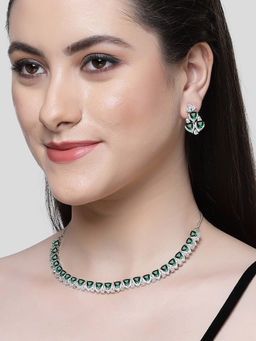 Karatcart - Silver Plated Heart Shape Green Cubic Zirconia Necklace Set for Women