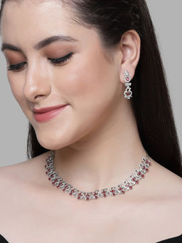 Karatcart - Red Cubic Zirconia Studded Silver Plated Necklace Set for Women
