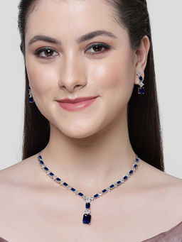 Karatcart - Silver Tone Square Blue Cubic Zirconia Necklace Set for Women