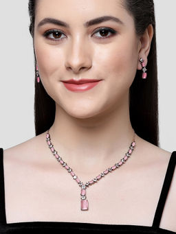 Karatcart - Black Silver Plated Square Pink Cubic Zirconia Necklace Set for Women