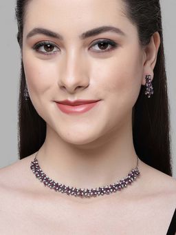 Karatcart - Black Silver Plated Purple and White Cubic Zirconia Studded Necklace Set