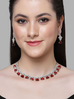Karatcart - Silver Tone Red Triangular Shape Cubic Zirconia Necklace Set for Women