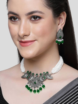 Karatcart - Green Beads Oxidised Silver Jaipuri Choker Necklace Set for Women