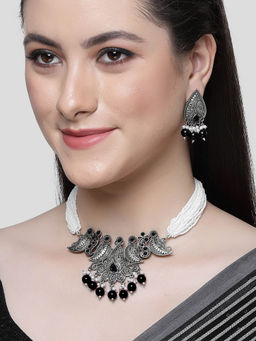 Karatcart - Black Beads Oxidised Silver Jaipuri Choker Necklace Set for Women