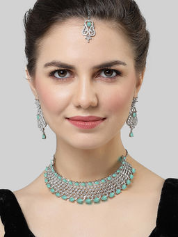 Karatcart - Light Green Cubic Zirconia Silver Plated Choker Necklace Set for Women