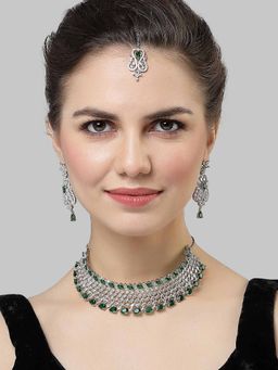 Karatcart - Green Cubic Zirconia Silver Plated Choker Necklace Set for Women