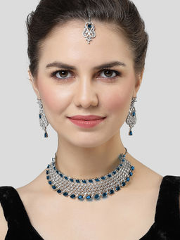 Karatcart - Blue Cubic Zirconia Silver Plated Choker Necklace Set for Women