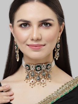 Karatcart - Gold Plated Green Meena Kundan Choker Necklace Set for Women