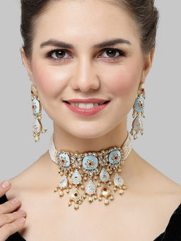 Karatcart - Gold Plated Aqua Meena Kundan Choker Necklace Set for Women
