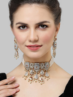 Karatcart - Gold Plated Grey Meena Kundan Choker Necklace Set for Women
