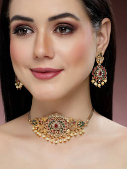 Karatcart - Gold Plated Floral Design Choker Temple Jewellery Set for Women