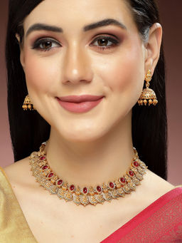 Karatcart - Gold Plated Red Stones Classic Laxmi Mata Temple Jewellery Set for Women