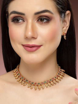 Karatcart - Gold Plated Red & Green Stones Drop Shape Jewellery Set for Women