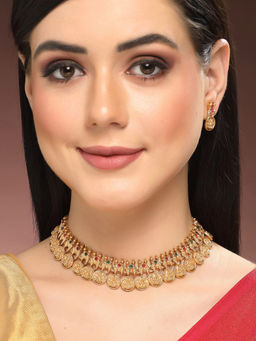 Karatcart - Gold-Plated Red & Green Stones Temple Jewellery Set for Women