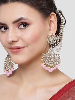 Karatcart - Gold Plated Pink Beads Kundan Kaanchain Earrings for Women