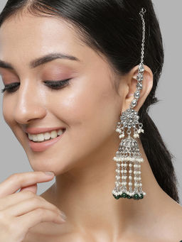 Karatcart - Silver Green Beads Kundan Jhumki Kaanchain Earrings for Women