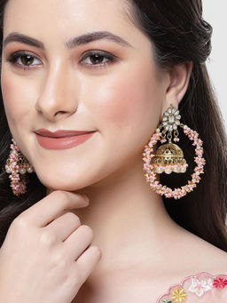 Karatcart - Gold Plated Pink Crystal and Pearl Jhumki Hoop Earrings for Women