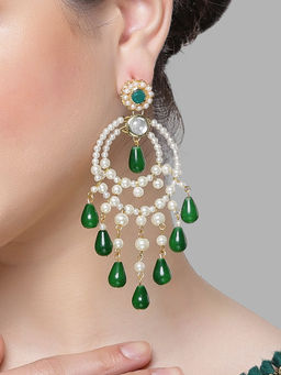 Karatcart - Gold Plated Green Bead Kundan Drop Earrings for Women