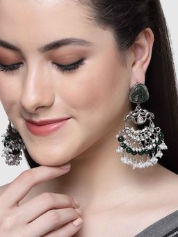 Karatcart - Silver Plated Green Carved Stone Studded Dangler Earrings for Women