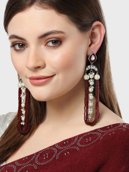 Karatcart - Silver Pearl and Red Moti Studded Kundan Drop Earrings for Women
