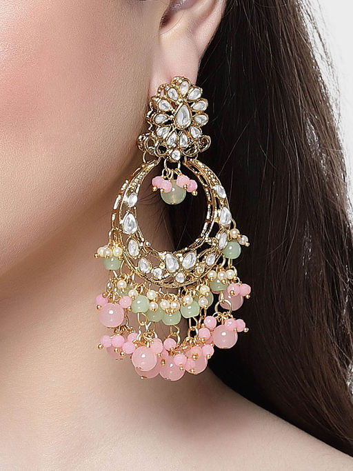 Buy Karatcart Gold Plated Pink and Light Green Kundan Chandbali Earrings  for Women Online