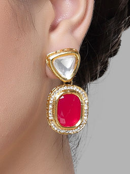 Karatcart - Red and Gold Polki Kundan Drop Earrings for Women