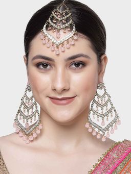 Karatcart - Gold Plated Pink Beads Kundan Earrings with Maangtikka for Women