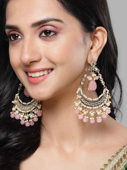 Karatcart - Gold Plated Pink Carved Stone and Beads Kundan Drop Earring for Women