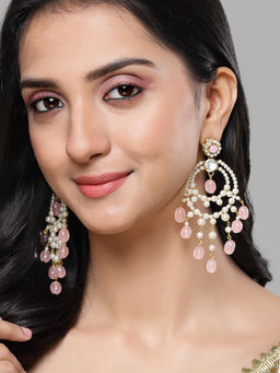 Karatcart - Gold Plated Pink Tumble and Pearl Kundan Drop Hoop Earring for Women
