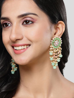 Karatcart - Gold Plated Light Green and Pink Floral Design Kundan Drop Earring for Women