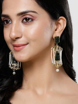 Karatcart - Gold Plated Green Carved Stone and Pearl Kundan Drop Earrings for Women