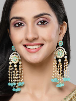 Karatcart - Gold Plated Aqua Beads and Pearl Kundan Drop Earrings for Women