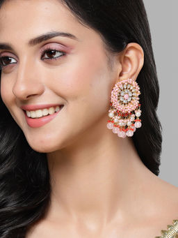 Karatcart - Gold-Plated Pink and Red Crystal Studded Kundan Drop Earrings for Women