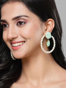 Karatcart - Light Green Carved Stone and Crystal Studded Pearl Drop Earring for Women